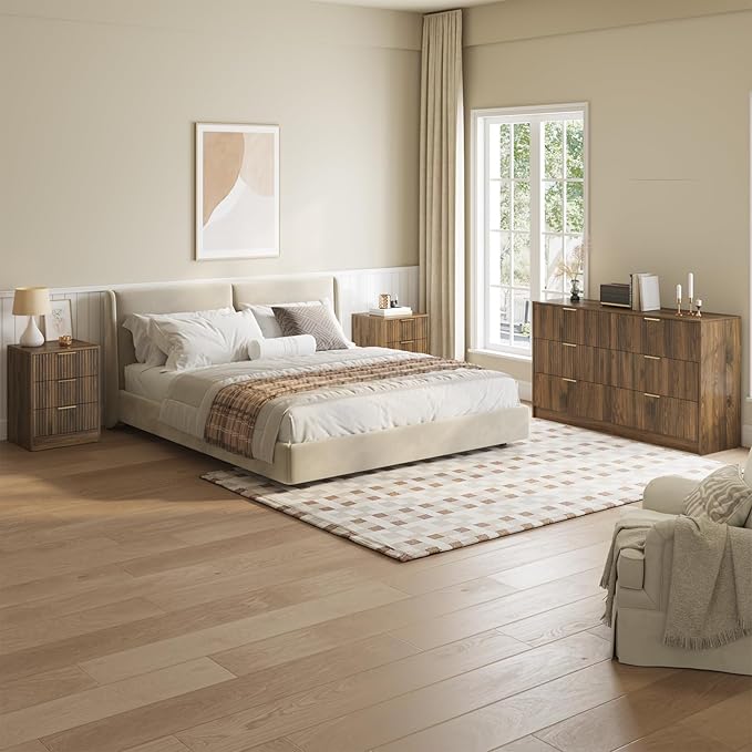 Walnut Dresser & Nightstand Set 3-Piece, 6 Drawer Dresser and Night Stand Set of 2 with Metal Handle, Modern Wood Chest of Drawers Storage Dressers Set for Bedroom, Walnut