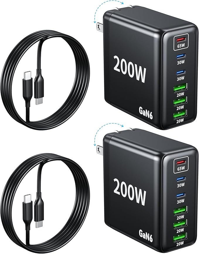 2 Pack USB C Charger Block 200W,6 Port Foldable Fast Charger Type C Charger iPhone 17 16 Fast Charging PD 3.1 Charging Station for All iPhone/Samsung Galaxy S25/S24/MacBook Pro/iPad