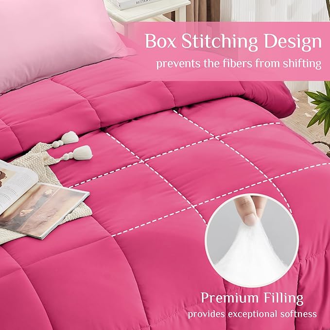 JOLLYVOGUE Twin Comforter Set, Ultra-Soft Bed in a Bag Twin Size 5 Pieces, Oeko-TEX Certified Bedding Set with Down Alternative Comforter, Sheets, Pillowcases & Shams, Hot Pink & Baby Pink