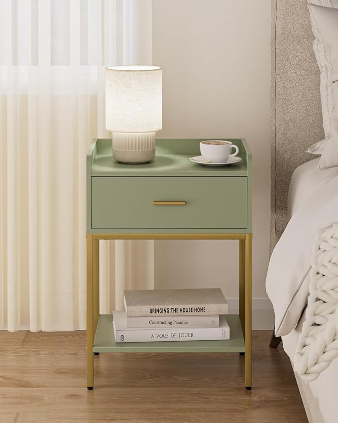 Masupu Nightstand,Bedside Table 3-Tier Modern Night Stand with Storage Drawer and Shelf,Small End Side Table for Bedroom,Living Room,Black (Without Outlet, Green)