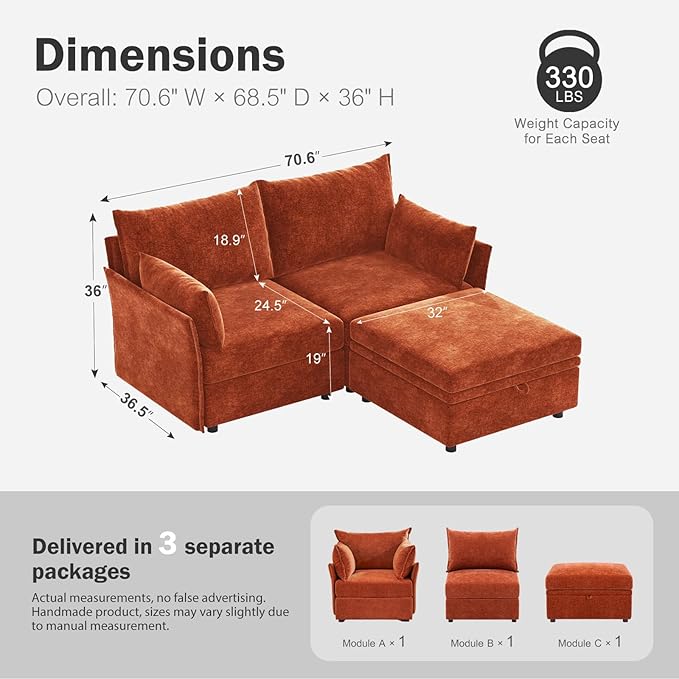 ABCASA Luxury Modular Sectional Sofa, L-Shaped 3-Seat Couch with Storage Ottoman Deep Seat & Reversible Chaise Lounge Chenille Terracotta Orange for Compact Spaces, Apartments, Dorm