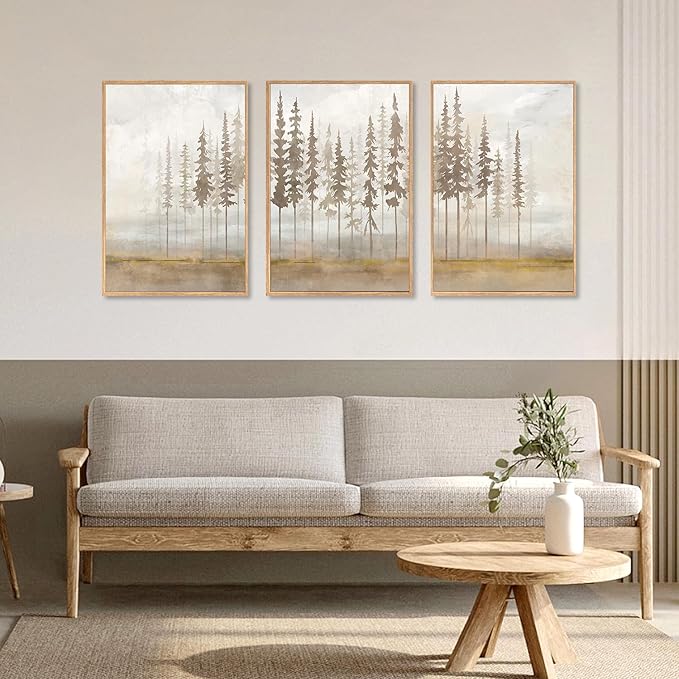 LHIUEM Large Pine Tree Framed Canvas Wall Art Set,Forest Trees Nature Wall Decor,Modern Landscape Artwork, Foggy Forest Painting For Living Room, Bedroom,Office-16 x24 x3