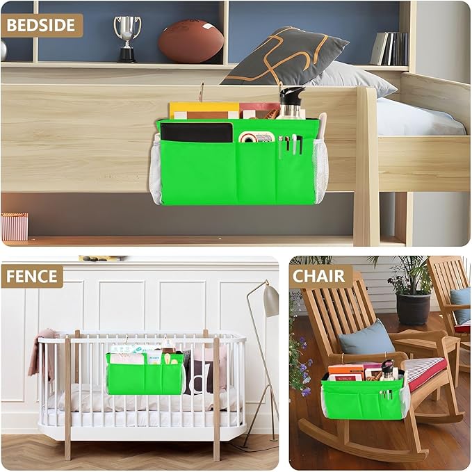 KOPIRIT Neon Cyan Bedside Caddy Storage Bag Bedside Organizer for Headboards Bunk Beds Bedside Shelf Hanging Organizer 6 Pockets with Hooks for Book Glasses Phone Holder