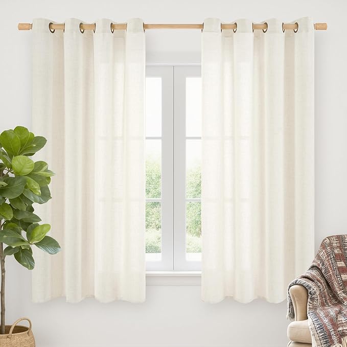 YoungsTex 68 Inch Length Ivory Linen Curtains for Living Room Window, Light Filtering Semi Sheer Drapes with Bronze Grommet Privacy for Bedroom Farmhouse Decorative, 52 x 68 Inch, 2 Panels