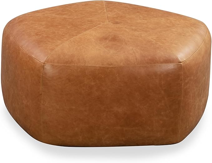 POLY & BARK Porto Ottoman – 37" Pentagon Pouf with Feather-Down Topper – Full-Grain Leather Upholstered Pouf Ottoman for Living Room – Vintage Italian Leather in Cognac Tan