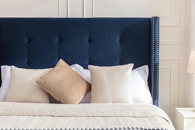 Queen Size Upholstered Bed Frame, 54" Tall Headboard Platform Bedframes with Nail Head Decorative Wingback, Hand Buttoned Tufting Headboard Beds/No Box Spring Needed/Minimalism, Blue Velvet