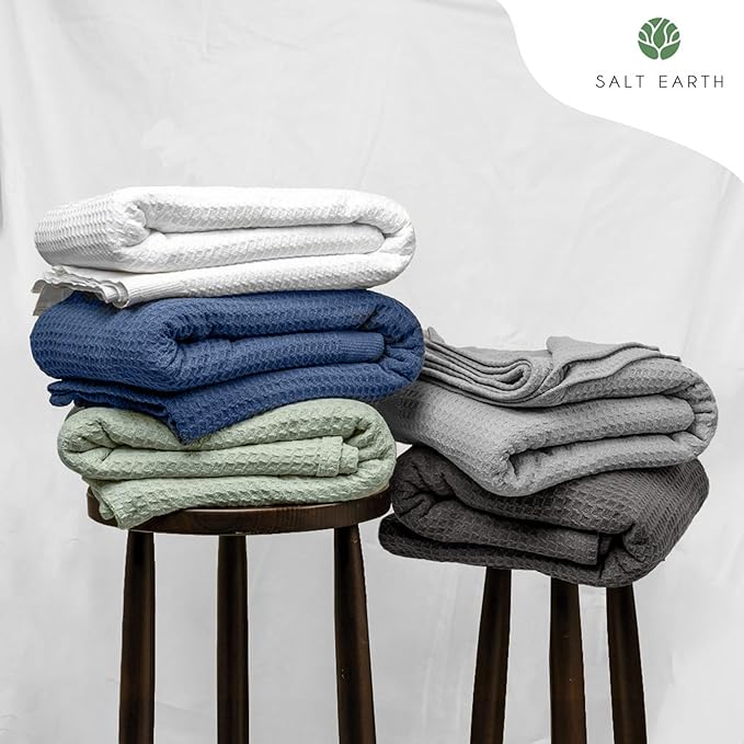 Salt Earth 100% Cotton Throw Blanket, King, 106"X92" Waffle Throws for Home, Bedrooms, Outdoor & Office Couch, Modern & Cozy Bed Room Decor Blankets,Lightweight All Season Western Blanket(White)