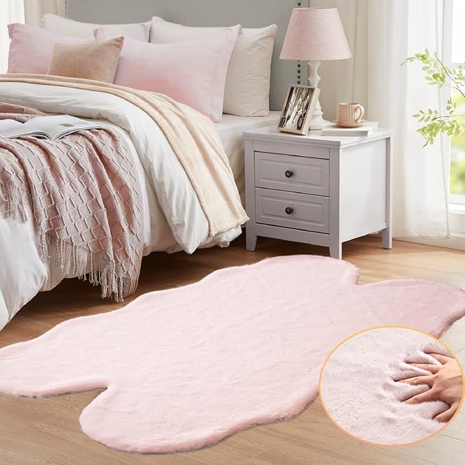 Pink Fluffy Shag Carpet Faux Bunny Washable Plush Fur Area Rugs for Bedroom 4x6 Nursery Rug for Living Room