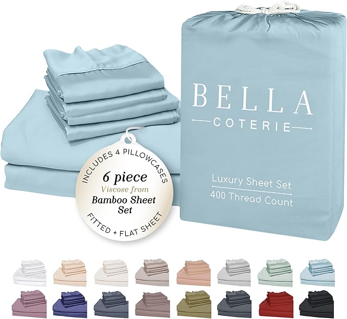 Bella Coterie 6 Piece Luxury Bamboo Viscose California King Size Sheet Set | 100% Organically Grown | Cooling for Hot Sleepers | 18" Deep Pocket | Soft & Hypoallergenic | 4 Pillowcases [Coastal Blue]