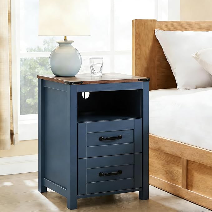 Blue Rustic Night Stand, Farmhouse End Table, Modern Bedside Table with 2 Storage Drawers and Open Shelf, Tall Nightstand for Bedroom
