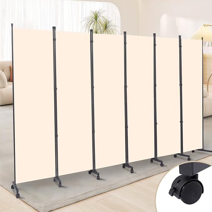 Room Divider Folding Privacy Screens with Wheels, 6FT Tall Divider for Room Separation, Movable Room Partitons and Dividers, Indoor Room Dividers Panel with Fabric (Beige, 6 Panel-132‘’-Wheels)