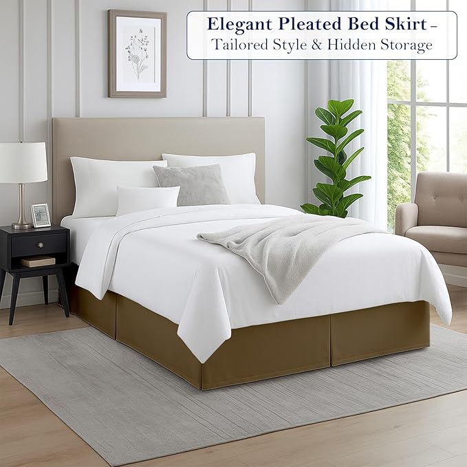 Full Bed Skirt, Luxury 24 Inch Drop Taupe Pleated Bed Skirt, Double Brushed Microfiber, Box Pleat Design, Wrinkle & Fade Resistant, Easy Fit Tailored Bedskirt for Full Size Beds