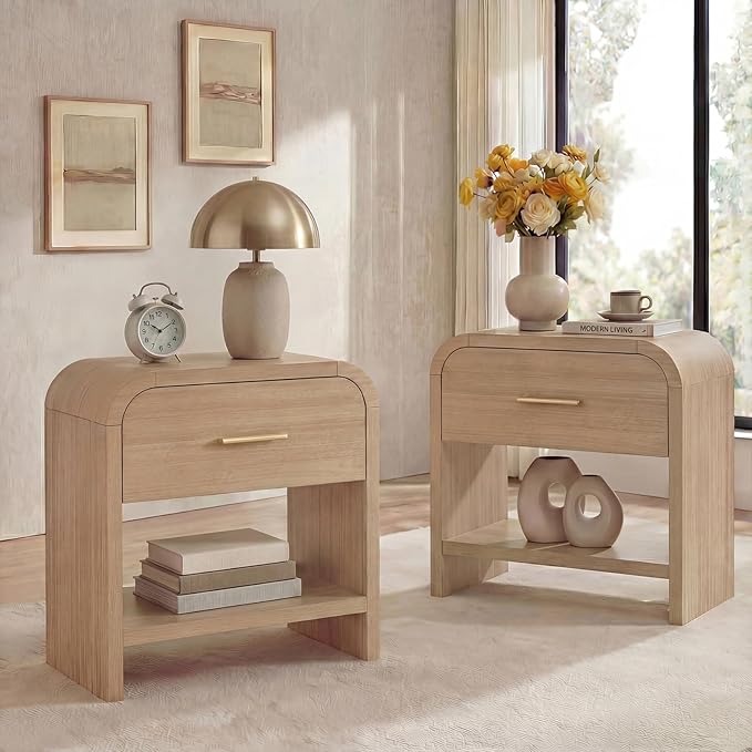 Night Stand Set of 2 [Unique Curved Profile] [FSC-Certified Wooden Board] 1-Drawer and 1 Storage Shelf Nightstand 24" H Metal Handle Modern Bedside Table Side Table End Table for Bedroom