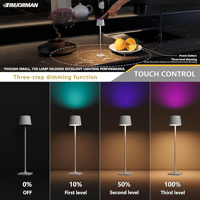 Modern LED Color-Changing Cordless Table lamp, 7 Colors, metal Shade, Touch control with sleep mode for Restaurant, Bedroom, Outdoor Camping, Coffee Shop, Night Light, Rechargeable (White 1PACK)