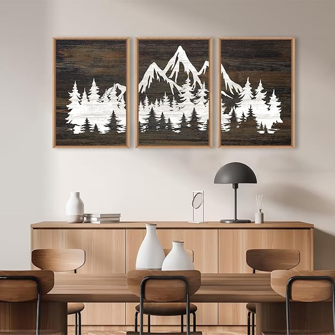 LHIUEM Large Mountain Tree Framed Canvas Wall Art Set,Modern White Forest Art Printing Country Minimalist Wood Wall Decor Farmhouse Zen Artwork for Living Room Bedroom Office-16 x24 x3