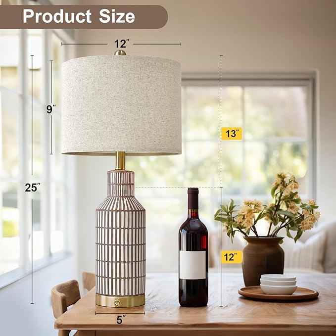 25" Modern 3-Way Dimmable Touch Control with USB A+C Ceramic Lamps Set of 2 Table Lamp for Living Room Bedroom Farmhouse Nightstand Bedside Brown