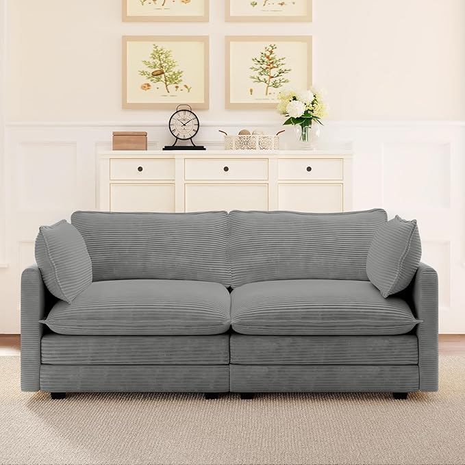 ROWHY 78'' Sectional 2 Seat Cloud Loveseat with 2 Throw Pillows, Modern Corduroy Love Seat, Convertible Cozy Sofa for Living Room, Bedroom and Office, Dark Grey