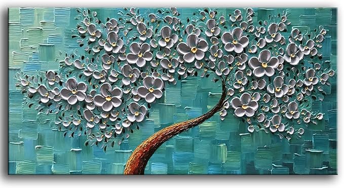 YaSheng Art- 3D Flowers Artwork Oil Painting On Canvas 100% Hand Painted Texture Silver Flowers Paintings Modern Canvas Wall Art Home Bedroom Living Room Office Wall Decor 24x48inch