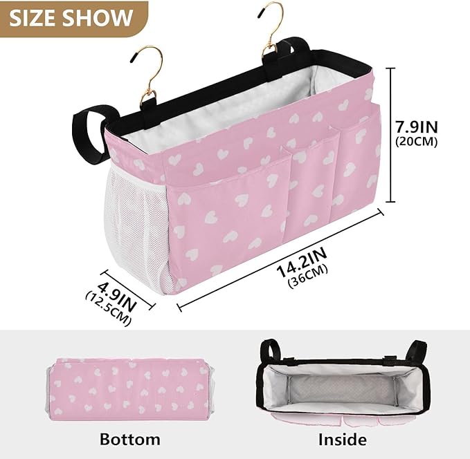 Bedside Caddy Hanging Bunk Bed Caddy Bed Organizer Hanging Pocket with 2 Hooks Bedside Storage Organizer Pocket Bag Holder Heart Pink