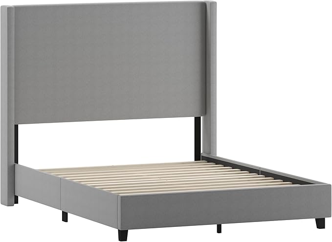 EMMA + OLIVER Nora Queen Size Faux Linen Upholstered Platform Bed with Plush Padded Wingback Headboard (No Box Spring Needed), Modern Upholstered Headboard Queen Bed Frame, Gray