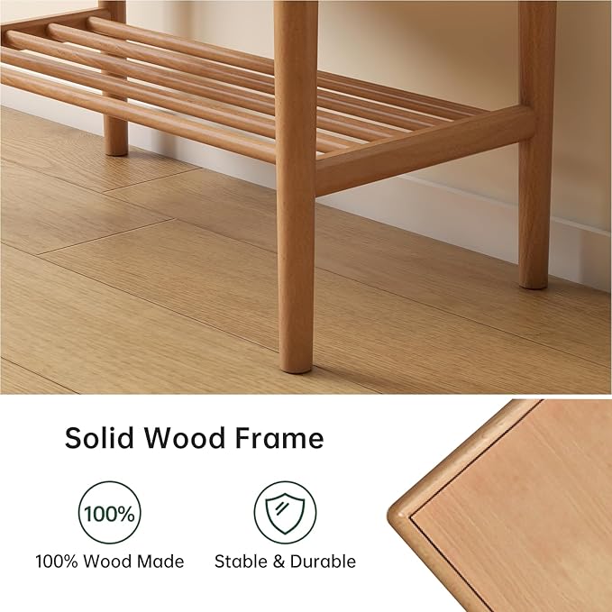 Solid Wood Shoe Bench, Shoe Rack Bench Assembled with Cushion for Entryway, Hallway, Bedroom, Living Room, Beech Wood, 11.8" x 23.6" x 16.5", Natural