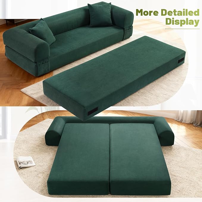 Convertible Sleeper Sofa Bed,80" Folding Sofa Bed Queen with Storage,Corduroy Pull Out Couch with Bed,Boneless Couches for Living Room,Compressed Couch in a Box,Deep Green