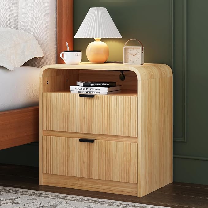 FURSUN 24" Fluted Nightstand Set of 2 with Charging Station, Wooden End Table with 2 Drawers Storage, Curved Profile Design, Modern Bedside Cabinet for Bedroom, Natural Oak