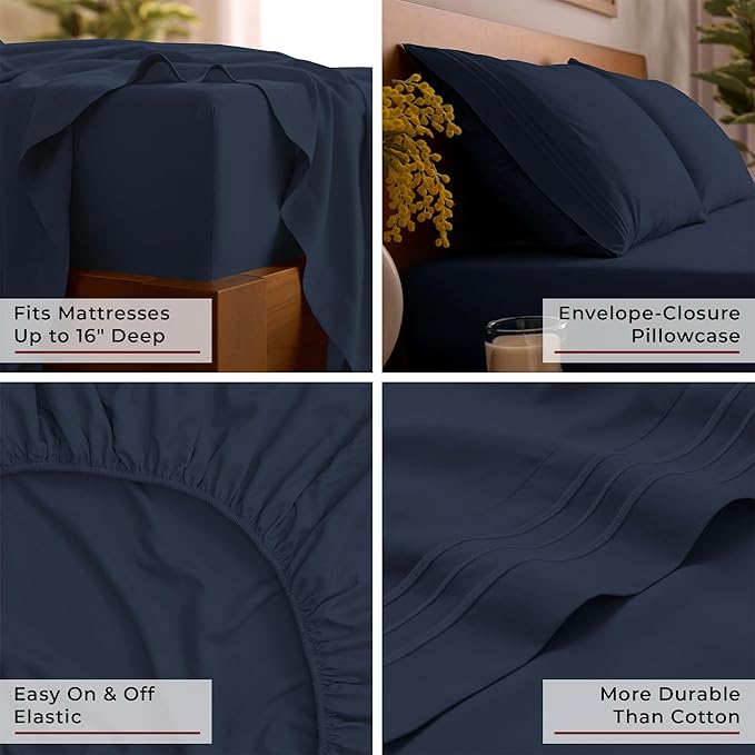 Mellanni Queen Sheet Set - 6-Piece Iconic Collection Bedding, (Including 4 Pillowcases), 16-Inch Deep Pocket, Easy Care, Extra Soft, Cooling Sheets, Brushed Microfiber - Navy Blue