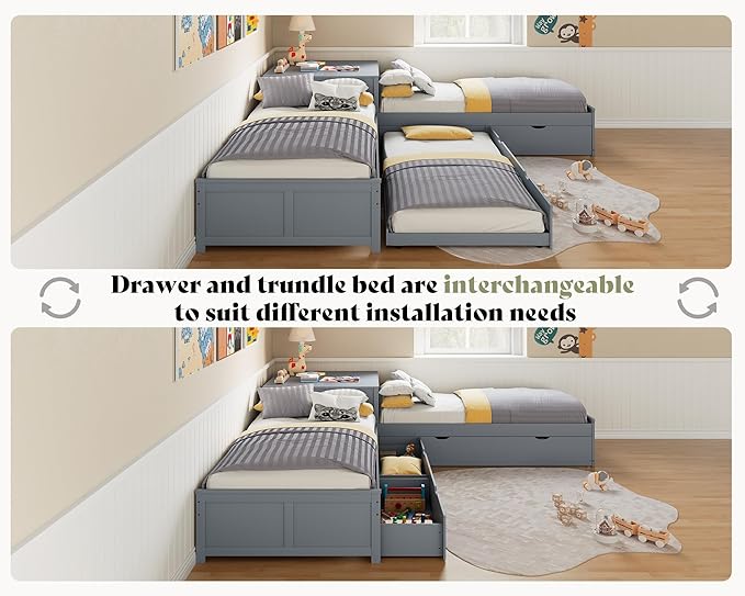 AMERLIFE L-Shaped Twin Trundle Bed with Flip-Top Storage Desk, Space-Saving Solid Wood Platform Bed Frame, Grey Finish, Multi-Functional Twin Bed for Kids and Families
