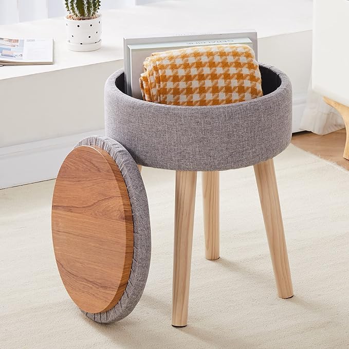 Mxfurhawa Storage Ottoman Linen Round Vanity Stool Tray Top Modern Foot Stool with Wood Legs Multifunctional Upholstered Foot Ottoman Rest for Living Room, Bathroom, Makeup (Grey)