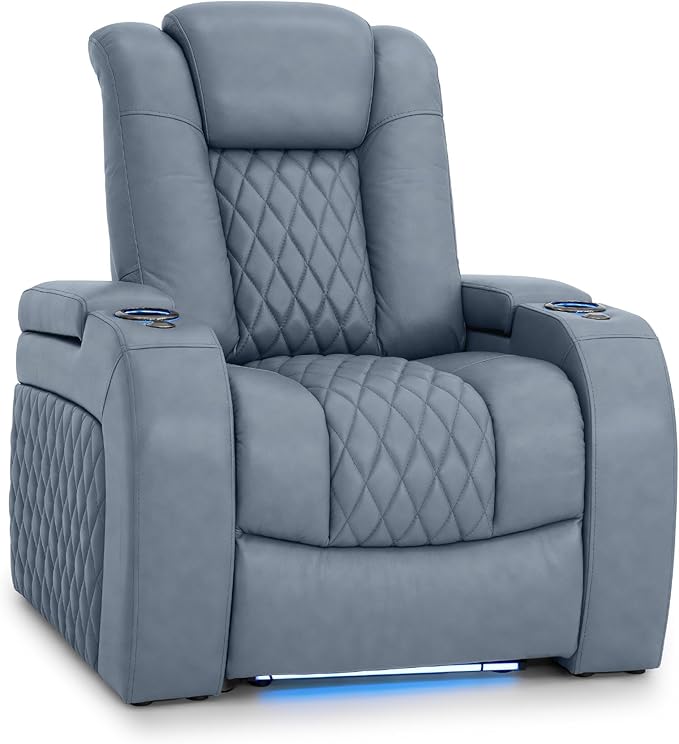 Seatcraft Diamante Zero-Gravity CoolZero Italian Leather Home Theater Seating, Power Headrest, Power Recline, Single Recliner, Smokey Blue