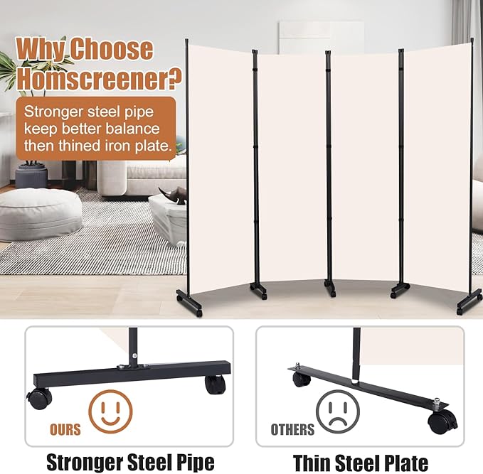 Room Divider Folding Privacy Screens with Wheels, 6FT Tall Divider for Room Separation, Movable Room Partitons and Dividers, Indoor Room Dividers Panel with Fabric (Beige, 4 Panel-88‘’-Wheels)
