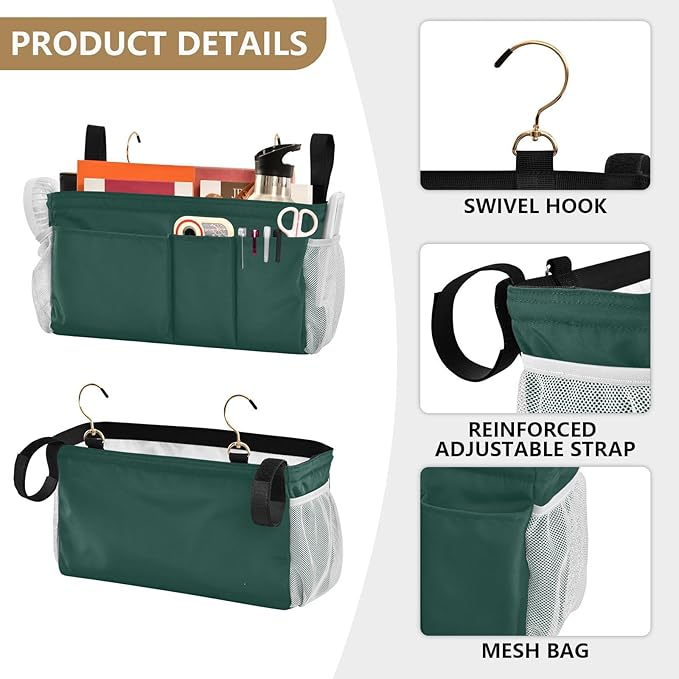 KOPIRIT Navy Cyan Bedside Caddy Storage Bag Bedside Organizer for Dorm Room Top Bunk Bed Organizer Caddy Hanging Shelf 6 Pockets with Hooks for Glasses Book Tablet Holder