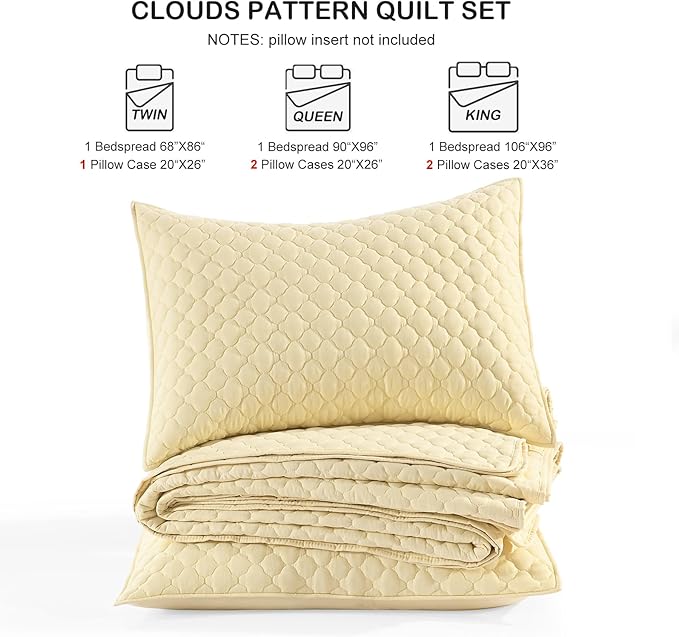 HORIMOTE HOME Quilt Twin Size Light Yellow, Lightweight Quilt for Summer Ultra-Soft Microfiber Modern Style Quilted Clouds Pattern Bedspread Quit Set 2 Pieces (1 Quilt and 1 Pillow Sham)