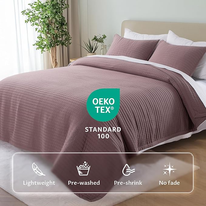 Oversized Queen Quilt Set 102"x106" – Soft Washed 3-Layer Lightweight Bedspread, Minimalist Nordic Design, All-Season Spring & Summer Quilt Set (1 Quilt + 2 Pillow Shams),Twilight Mauve Purple