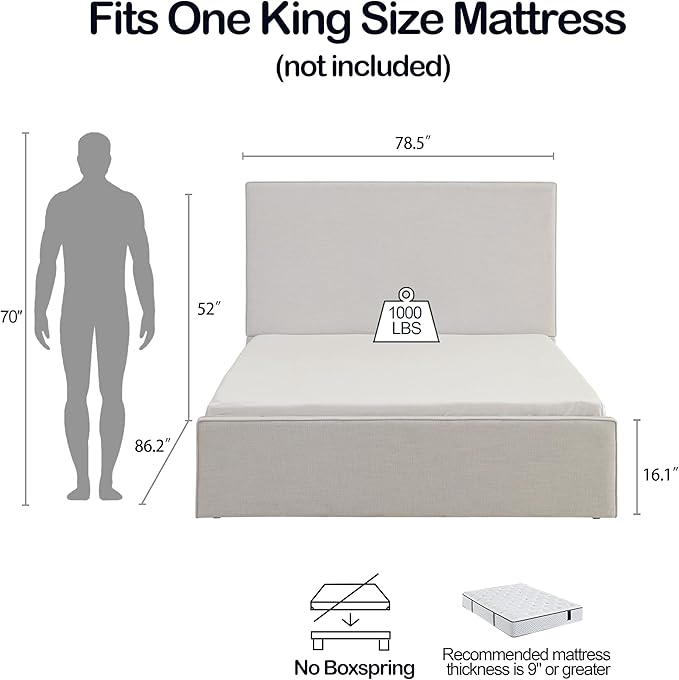 King Size Upholstered Bed Frame, 52" High Headboard Wingback Bedframes, Lucas Tall Headboard Floor Platform Beds, No Box Spring Needed/No Noise/Minimalist, Textured Lvory Canvas Chenille