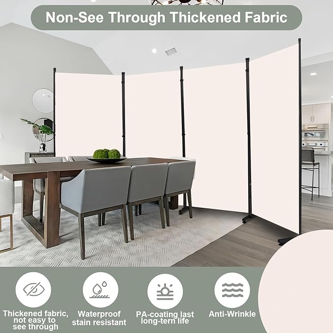 Room Divider Folding Privacy Screens with Wheels, 6FT Tall Divider for Room Separation, Movable Room Partitons and Dividers, Indoor Room Dividers Panel with Fabric (Beige, 4 Panel-136‘’-Round Pad)