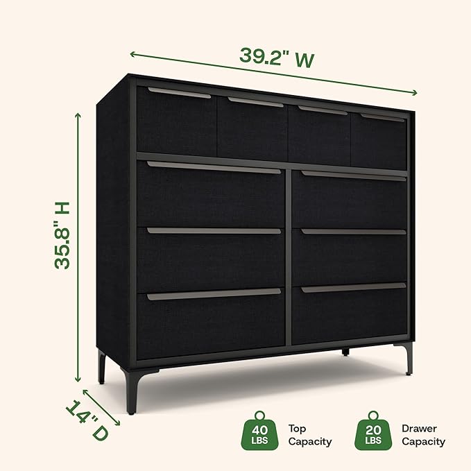 Naima Premium Fabric Dresser - Strong Metal Frame, 10 Spacious Sag-Proof Drawers with Sleek Metal Handles - Premium & Durable Storage Solution for Your Home (Black)
