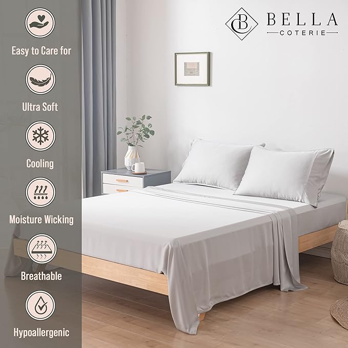 Bella Coterie Luxury Bamboo Viscose Split King Size Sheet Set | 2 Fitted Sheets for Sleep Number & Adjustable Beds | 100% Organically Grown | Cooling & Ultra Soft | 18” Deep Pocket [Grey Mist]