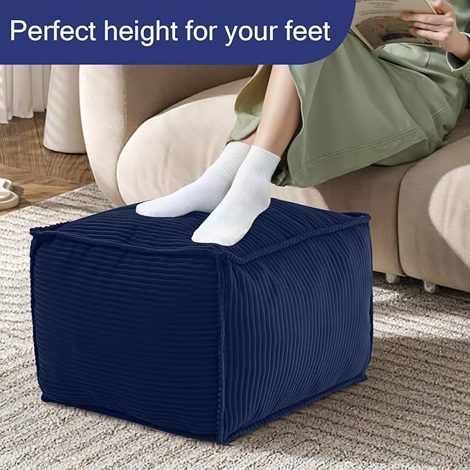 MeMoreCool Square Stuffed Pouf Ottoman Foot Rest, Corduroy Floor Pouf Foot Stool with Foam Chunk Filling, Soft Stuffed Ottoman Footrest for Living Room, Navy