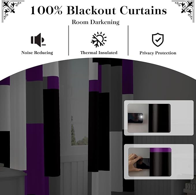 Purple 100% Blackout Curtains for Bedroom 84 inch Length 2 Panels Set Black Grey Modern Abstract Geometric Black Out Curtains Insulated Room Darkening Window Drapes for Living Room, 52Wx84L