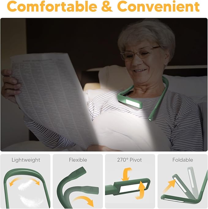 Neck Reading Light, Book Light for Reading in Bed, Eye-friendly Wide Reading Lamp, Bendable Arms & 2 Bright Lights, Rechargeable Booklight Stepless Dimming, Book Lover Gifts Knitting Crochet Craft