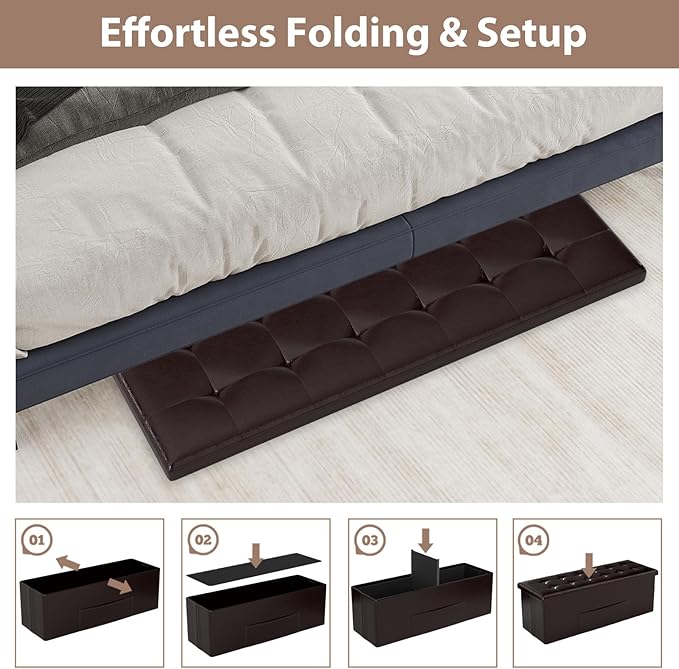 Giantex 43 Inches Folding Storage Ottoman Bench, Upholstered PU Leather Storage Chest with Side Pocket, Padded Seat, End of Bed Bench, Collapsible Ottoman Foot Rest for Living Room, Bedroom & Entryway
