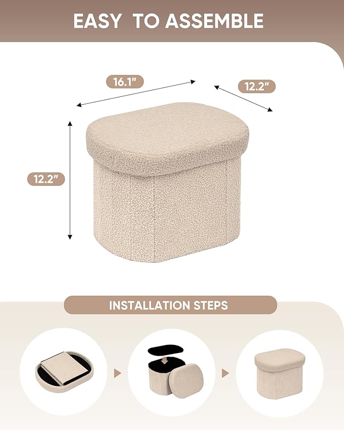 B FSOBEIIALEO Storage Ottoman for Dorm Room, Boucle Folding Storage Ottoman Foot Rest, 16.14 Inches Small Collapsible Ottoman Cube for Living Room Beige