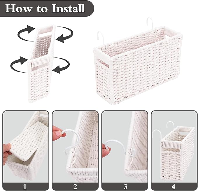 Cotton Rope Woven Bedside Caddy for Dorm Bed, Foldable Bedside Shelf Bunk Bed Accessories, College Dorm Room Essentials Hanging Organizers Storage Basket, Room Decor Magazine File Holder (White)