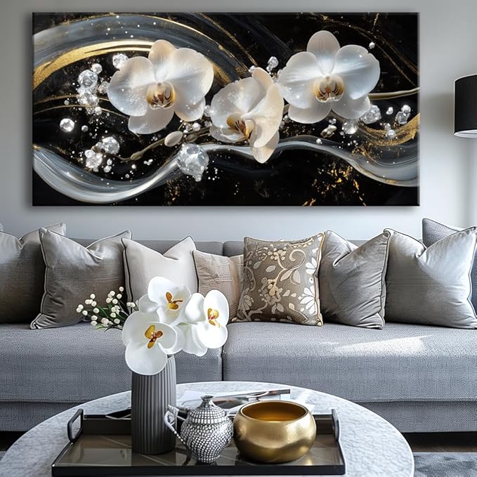 White Orchid Canvas Wall Art - Modern Floral Picture for Living Room, Bedroom Wall Decor, Framed Wall Art for Home Decoration, Elegant Flower Paintings Ready to Hang, Large Wall Art 60x120cm(24x48in)