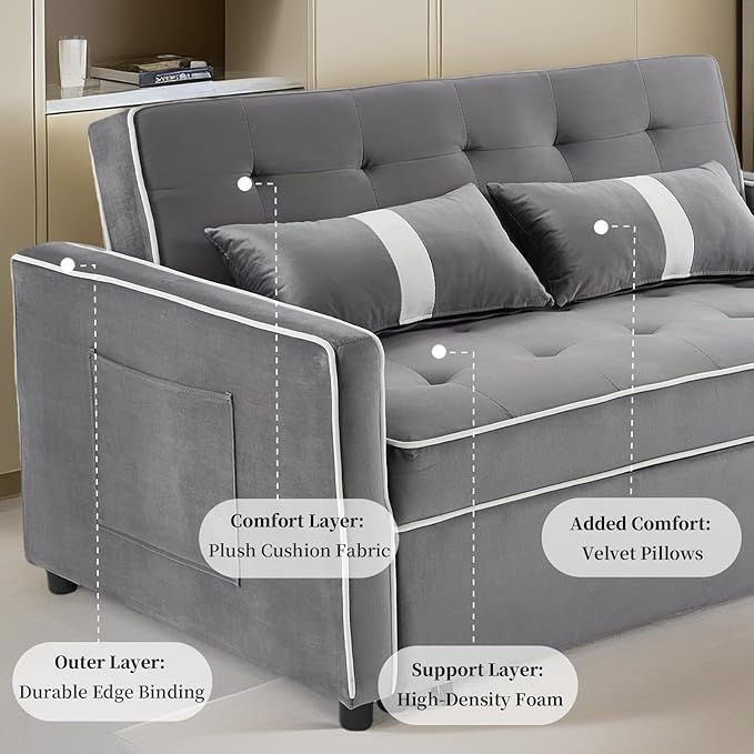Convertible Sofa Bed, 3-in-1 Loveseat Futon Sofa Bed with 3-Position Adjustable Backrest & Side Pocket, Modern Velvet Fabric Pull Out Couch for Living Room, Small Spaces (Grey)