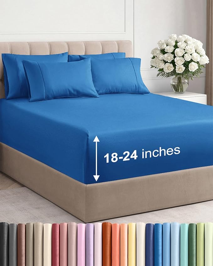 Extra Deep Full Sheet Set - 6 Piece Breathable & Cooling Sheets - Hotel Luxury Bed Sheets Set - Easy & Secure Fit - Soft, Wrinkle Free & Comfy Sheets Set - Royal Blue Sheet Set with Extra Deep Pockets