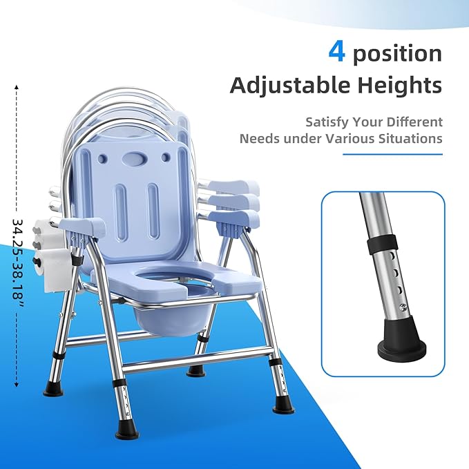 4 in 1 Folding Bedside Commode Chair for Elderly with Arms and Back,Adjustable Height Raised Toilet Seat with Handles,Adults Potty Chair for Seniors,Disabled,Holds Up to 350 lbs (ABS Plastic Seat)