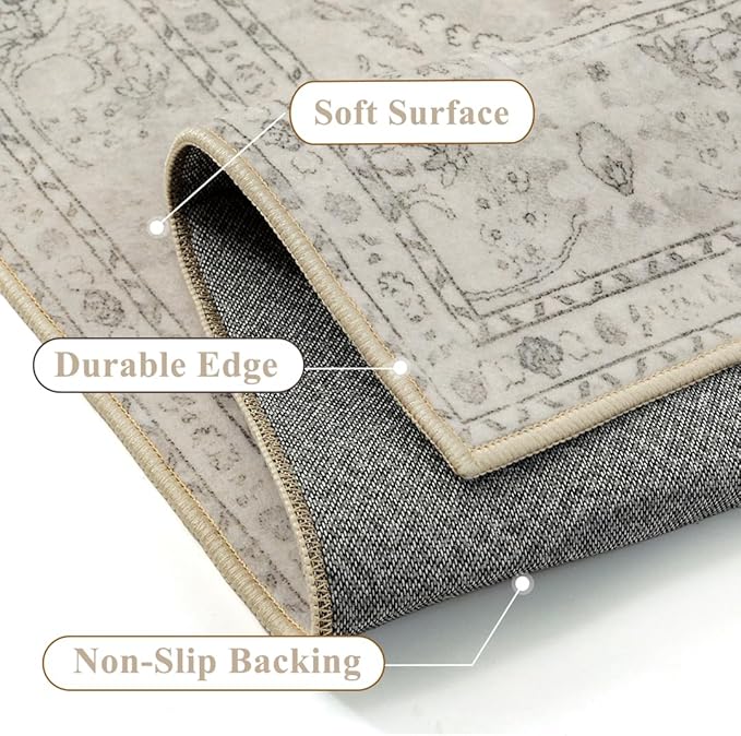 Beige 2x8 Runner Rug Washable Vintage Long Carpet for Hallway Kitchen Soft Retro Floral Low Pile Indoor Runner Non Slip Central Medallion Throw Rug for Bathroom Bedroom Laundry Dining Room